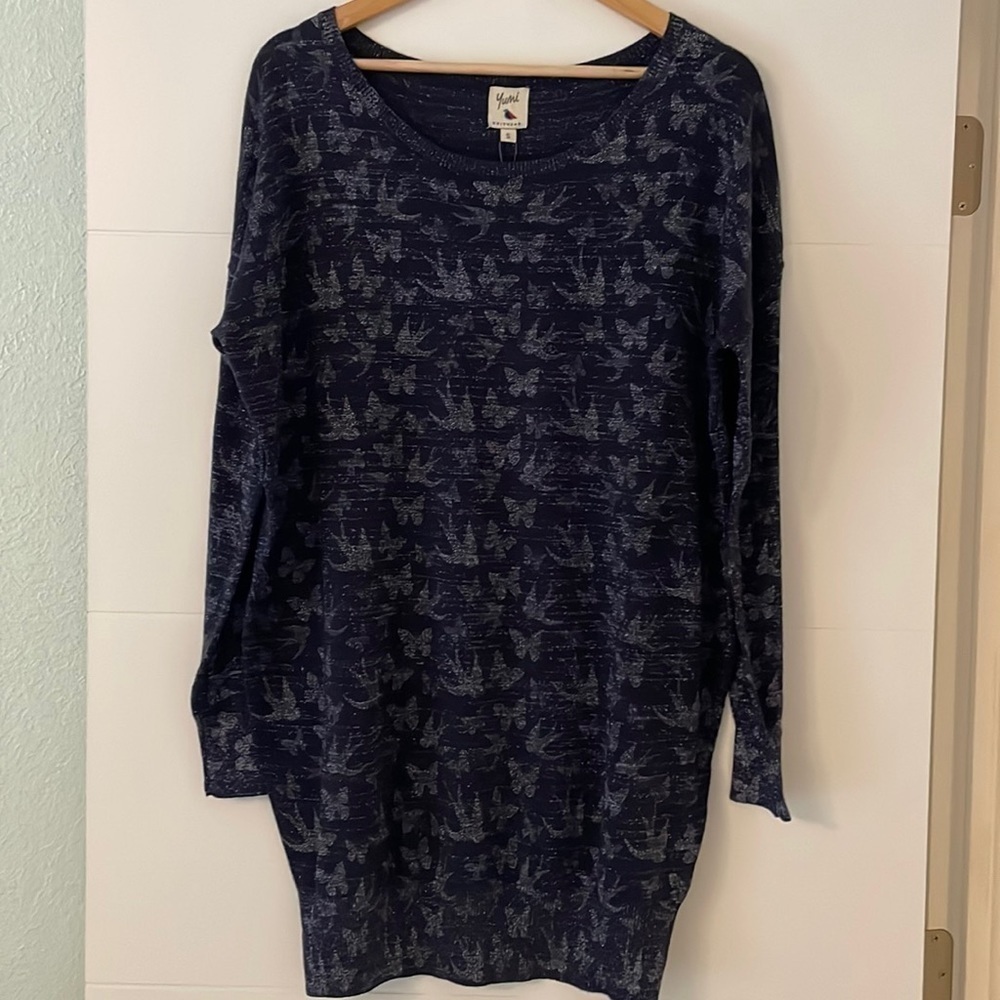 Yumi Long tunic metallic knitbutterfly and birds print long line oversized top